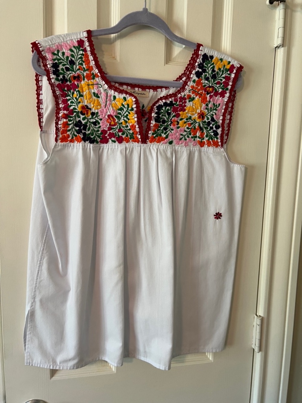 Margarita Mexican White Embroidered Blouse with Multicolor Stitching-Size M